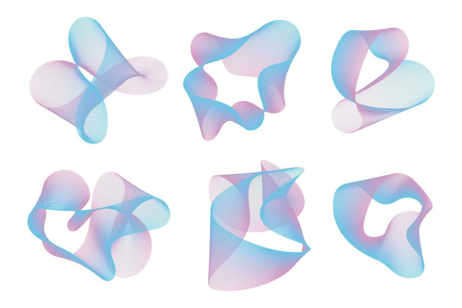 Set of abstract vector design elements. Smooth curly mesh gradient shapes.