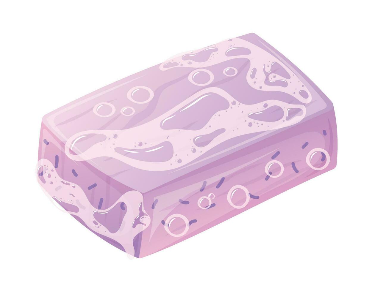 Handmade pueple soap bar with foam and bubbles. Vector isolated cartoon illustration of natural hygiene product.