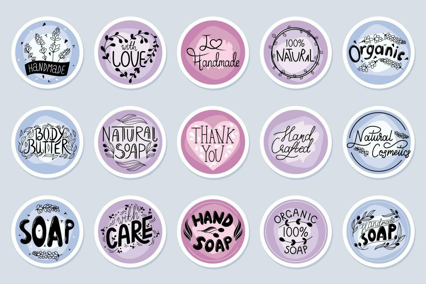 Set of vector isolated round stickers or labels for packaging of natural cosmetics and soaps with lettering. Floral lavender patterns and frames with leaves.