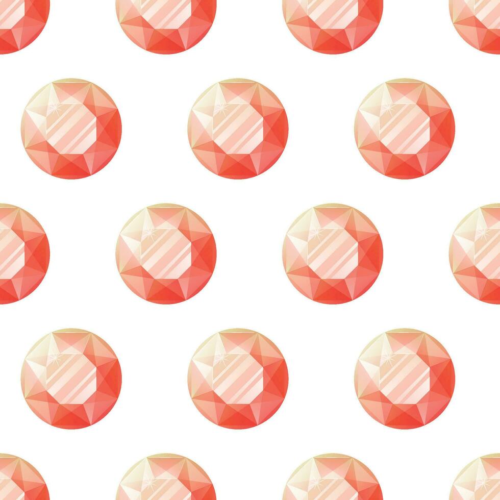 Round red shining realistic gemstone. Vector seamless pattern, cartoon precious ruby treasure.