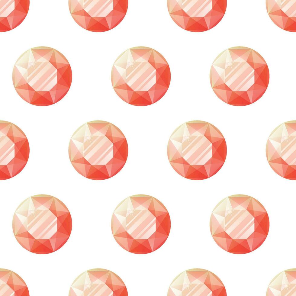 Round red shining realistic gemstone. Vector seamless pattern, cartoon precious ruby treasure.