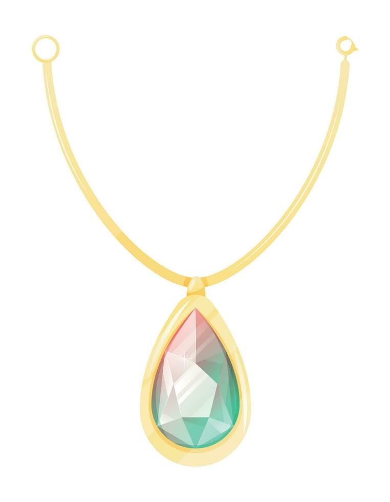 Golden necklace with realistic shining gemstone, teardrop shaped emerald. Vector isolated female chain, royal jewelry.