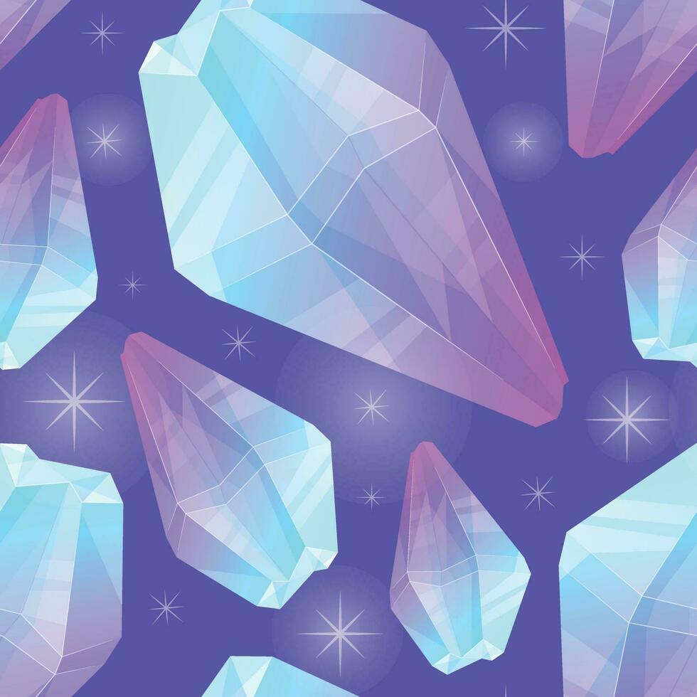 Uncut magical shining blue purple gemstone diamond. Vector seamless cartoon pattern with treasure jewelry.