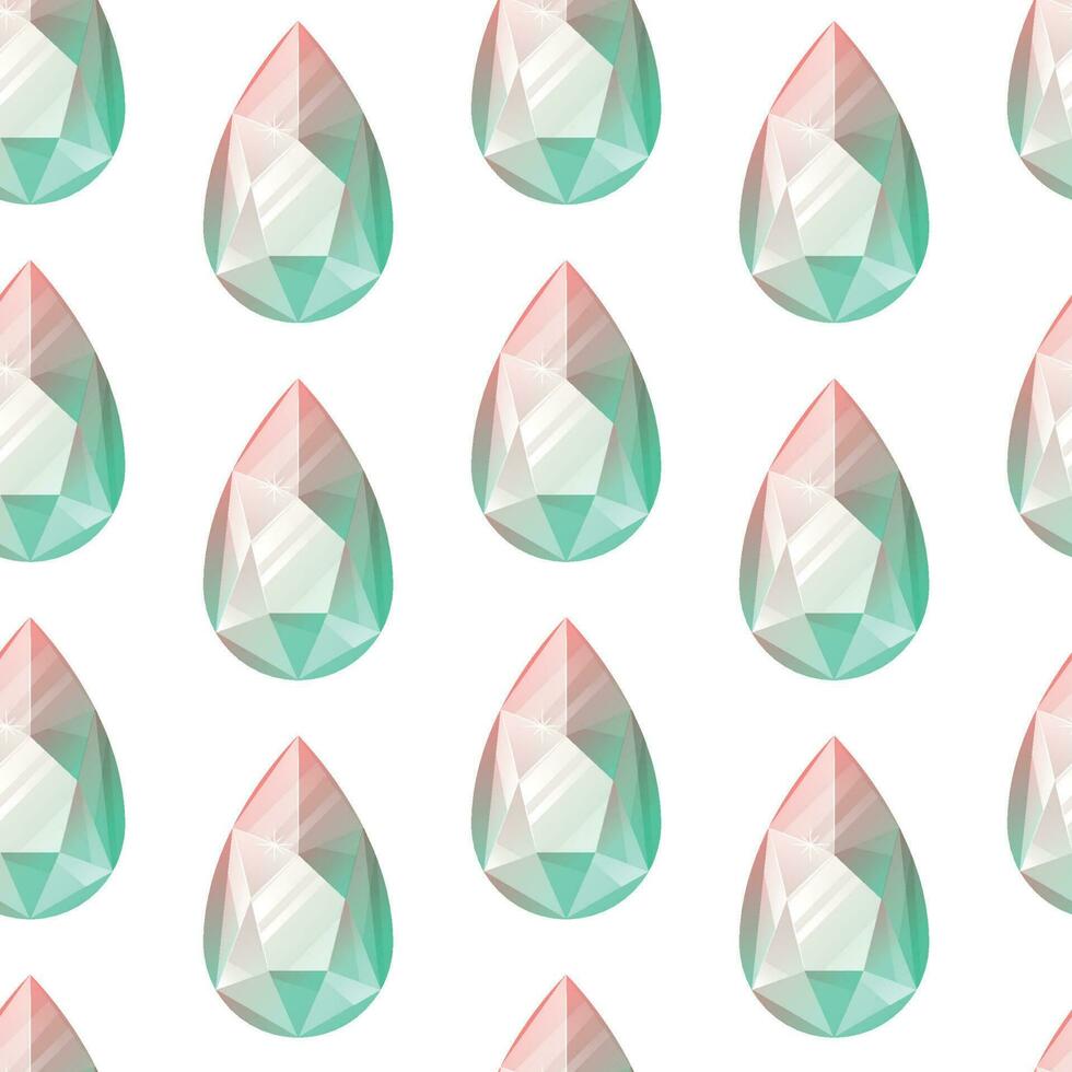 Shining pink green teardrop shaped diamond gemstone. Vector seamless cartoon pattern of expensive luxury jewelry.