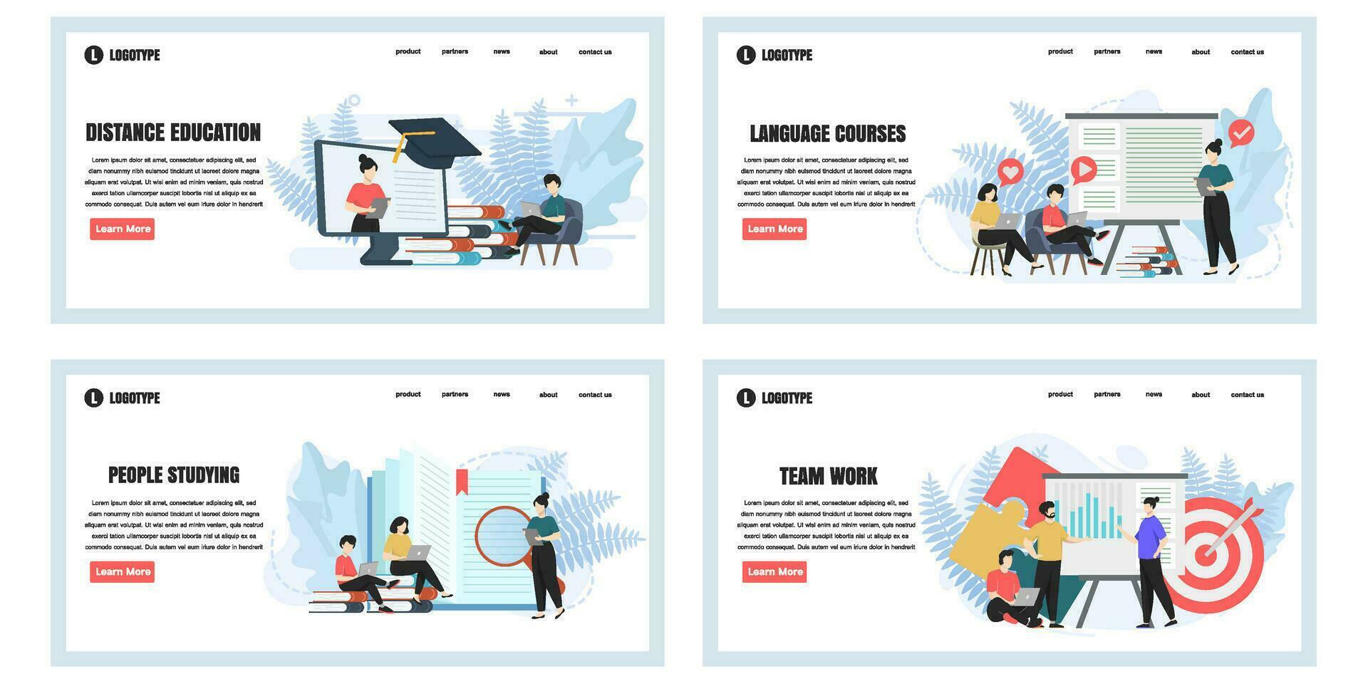 Set of web page design templates for education web page composition with people characters. Modern vector illustration concepts