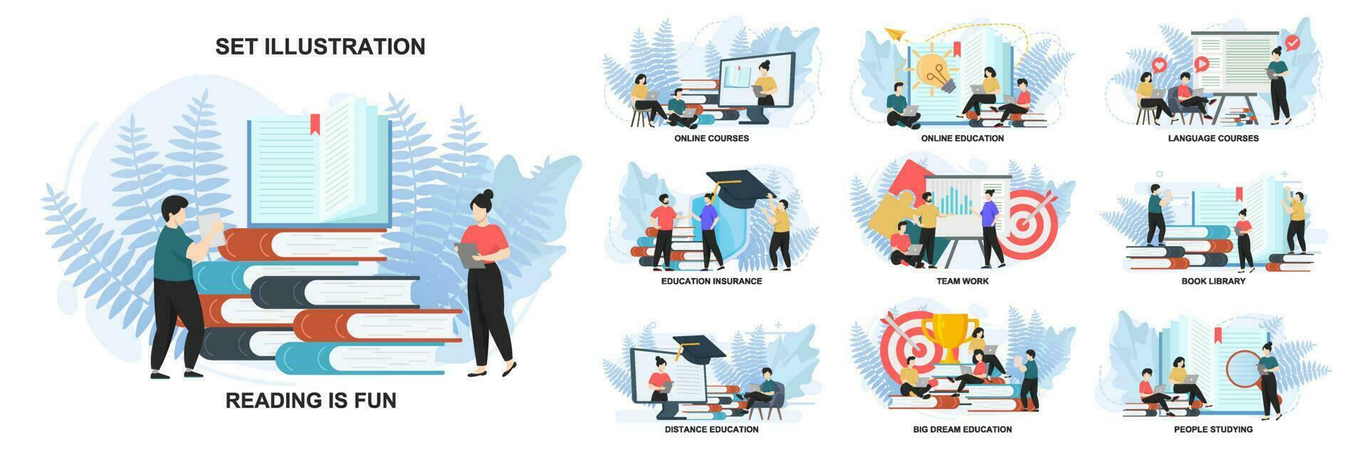 conjunto de web página diseño plantillas para educación, equipo trabajar, en línea educación, en línea cursos web página composición con personas caracteres. moderno vector ilustración conceptos