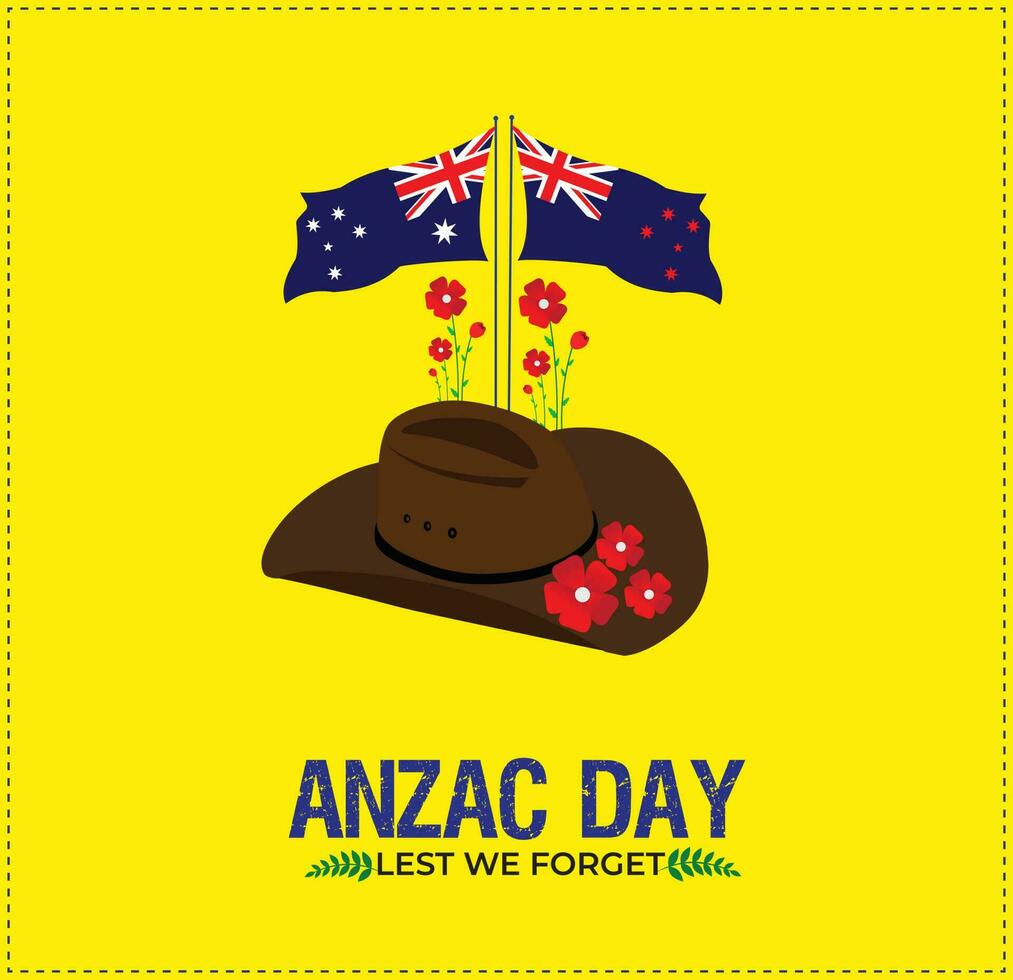 Anzac day. 25 April. Australian flag and poppy flowers memorial background. Template for background, banner, card, poster. vector illustration.