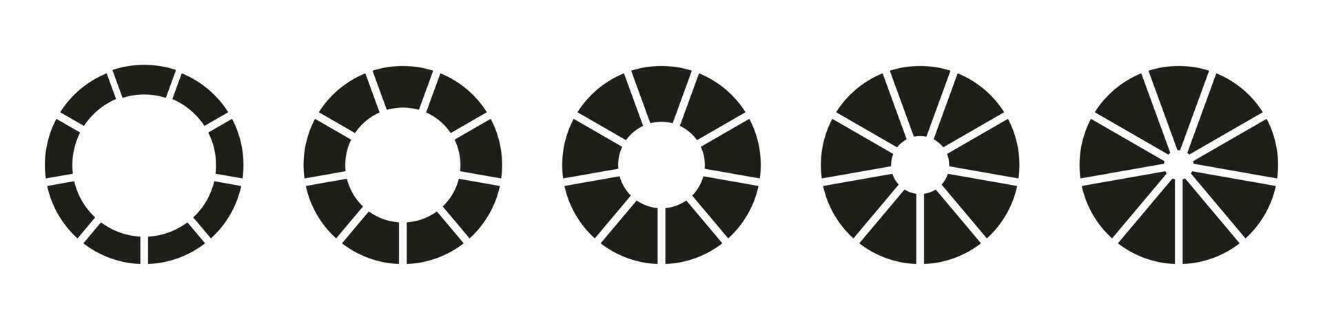 ruedas redondo dividido en nueve secciones. diagramas infografía colocar. tarta gráfico iconos rosquilla cartas o pasteles segmentario en 9 9 igual partes. vector ilustración. circulo sección grafico. geométrico elementos.