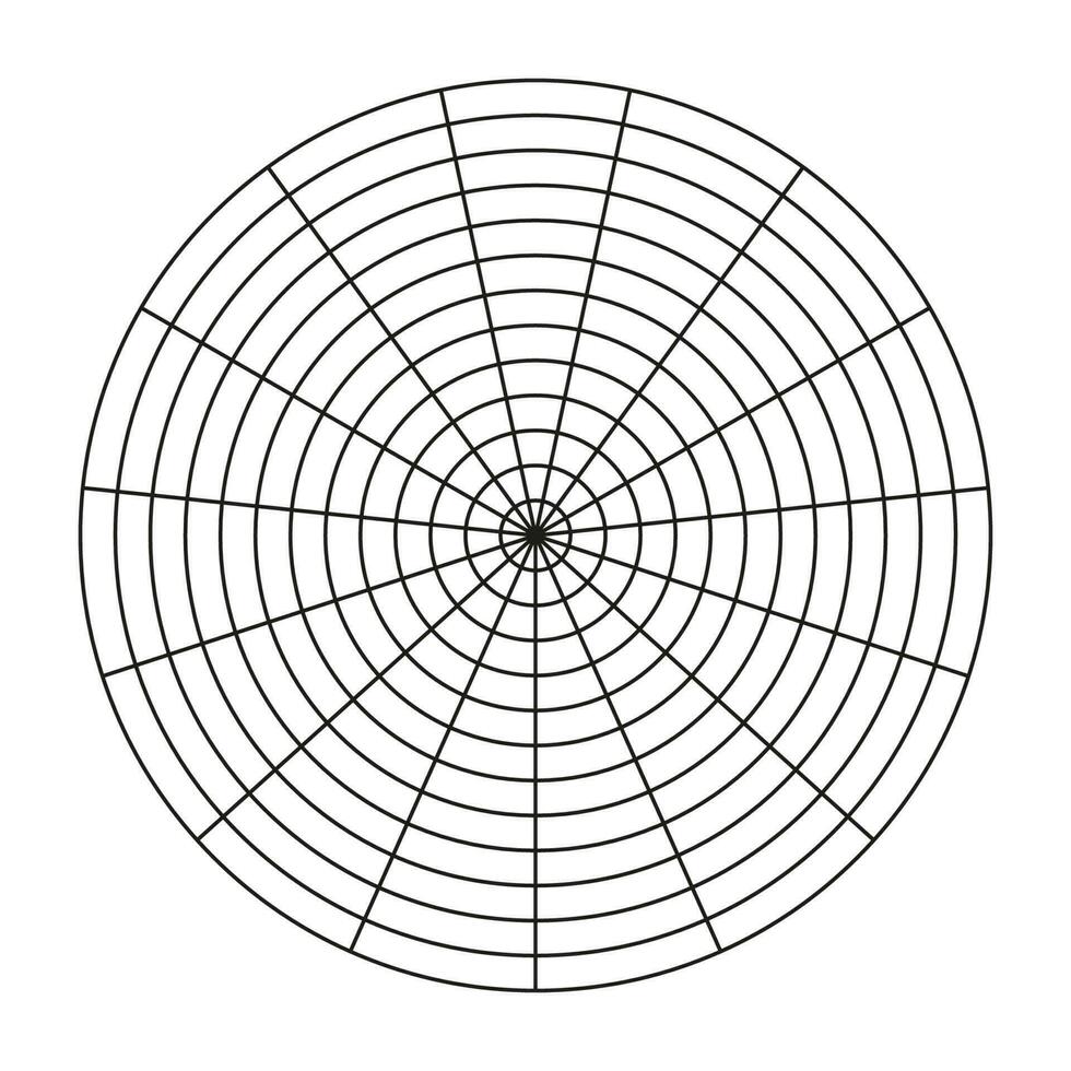 Polar grid of 15 segments and 12 concentric circles. Wheel of life template. Circle diagram of lifestyle balance. Blank polar graph paper. Coaching tool. Vector illustration.