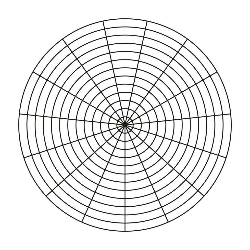 Polar grid of 15 segments and 12 concentric circles. Wheel of life template. Circle diagram of lifestyle balance. Blank polar graph paper. Coaching tool. Vector illustration.