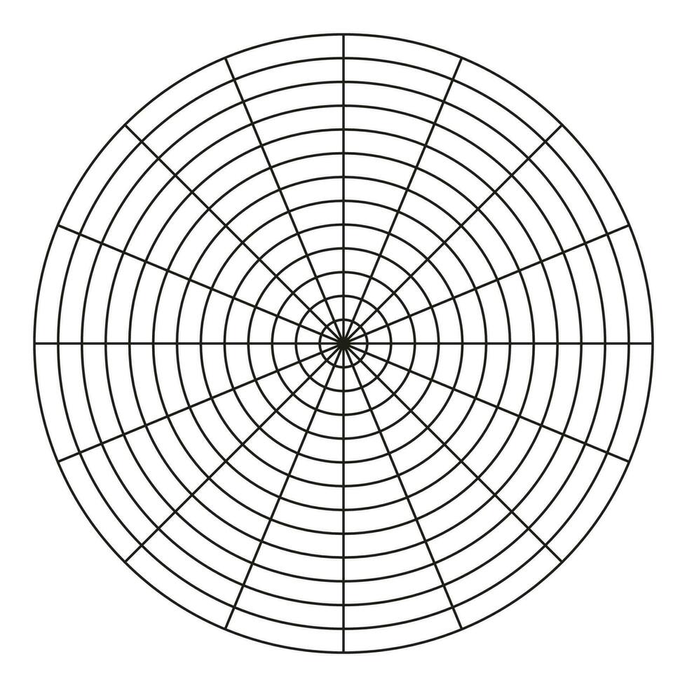 Wheel of life template. Simple coaching tool for visualizing all areas of life. Polar grid of 16 segments and 12 concentric circles. Circle diagram of life style balance. Blank polar graph paper. vector
