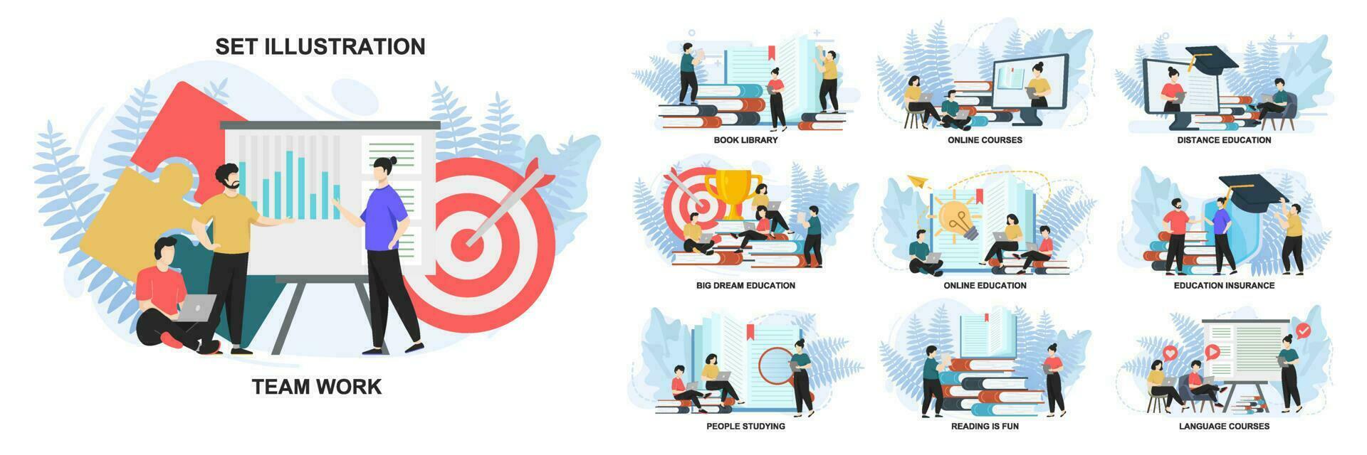 Set of web page design templates for education, Team work, Online education, Online courses web page composition with people characters. Modern vector illustration concepts