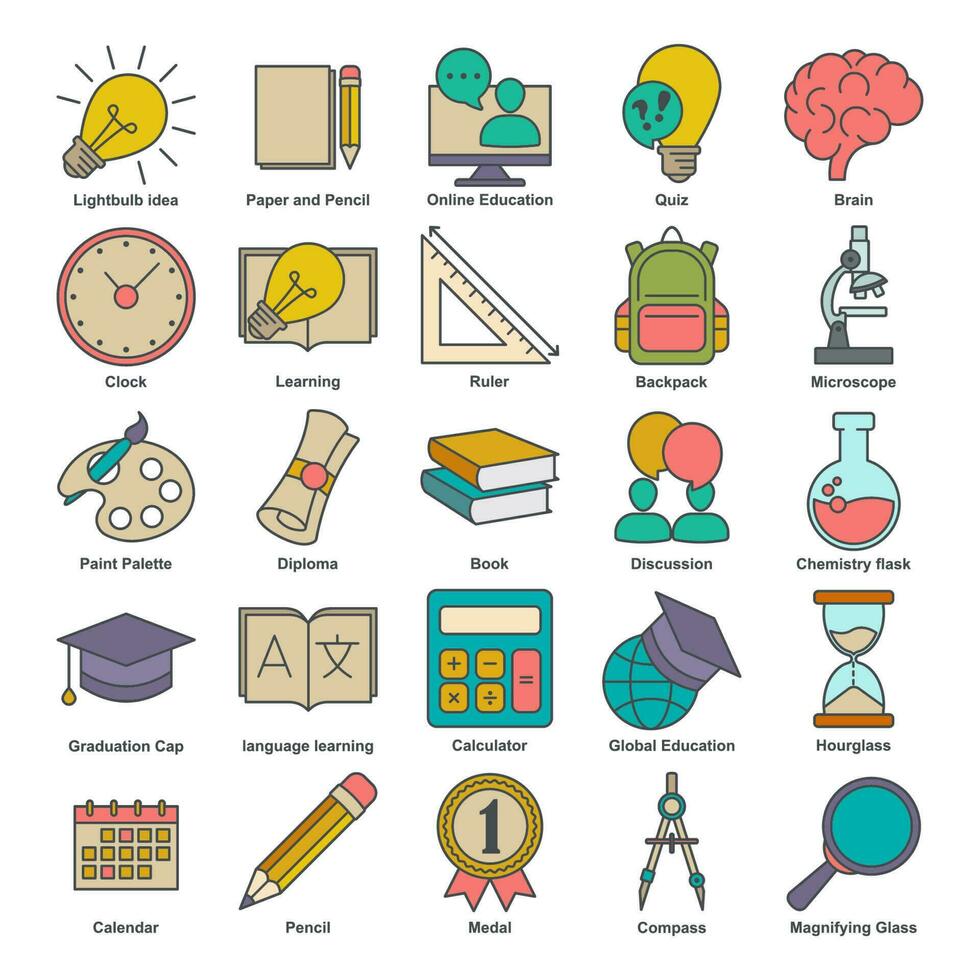 e-learning educación elementos plano conjunto icono símbolo modelo para gráfico y web diseño recopilación. libro, microscopio, certificado, diploma, lápiz y más logo vector ilustración