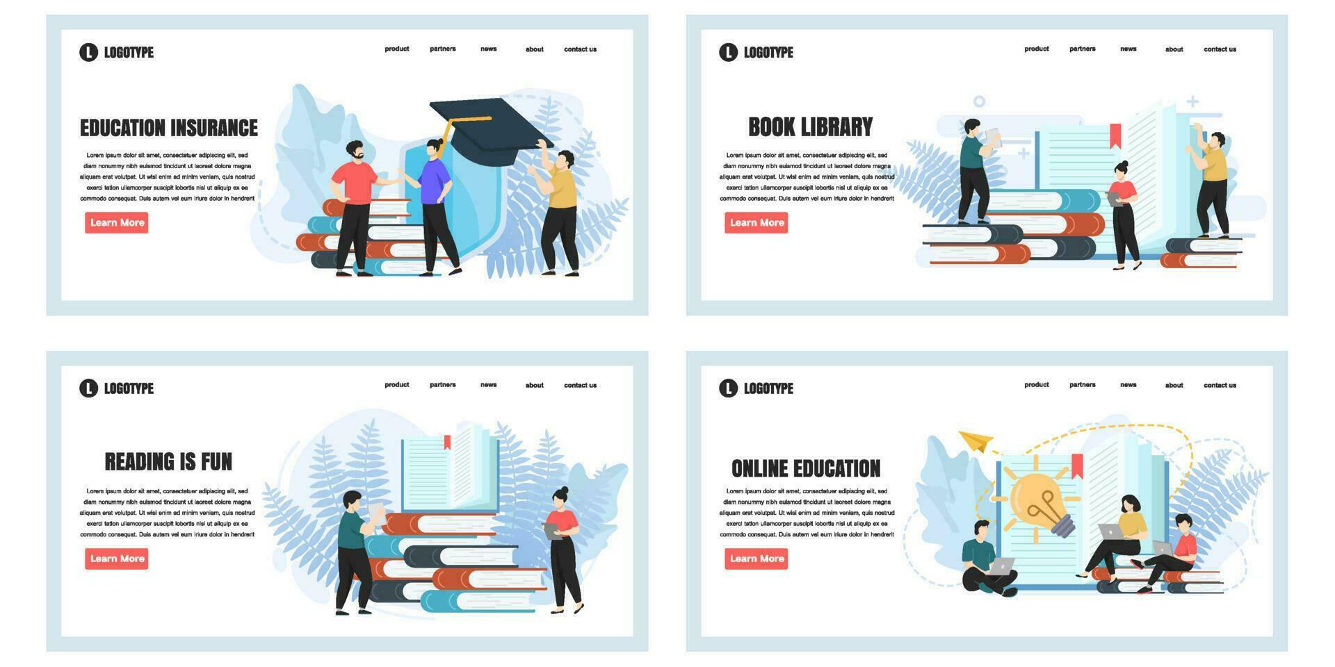 Set of web page design templates for education web page composition with people characters. Modern vector illustration concepts