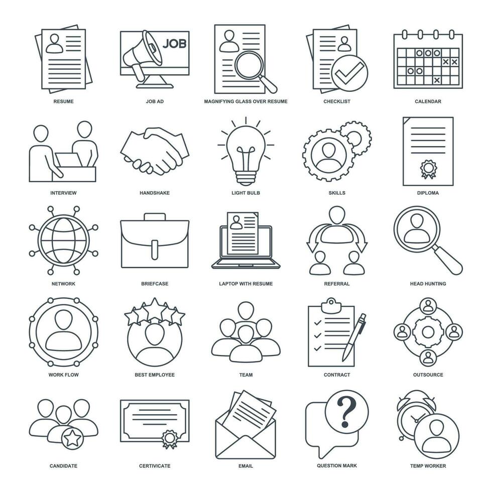 Headhunting And Recruiting elements set icon symbol template for graphic and web design collection. Resume, Skills, certificate, Team, Network and more logo vector illustration