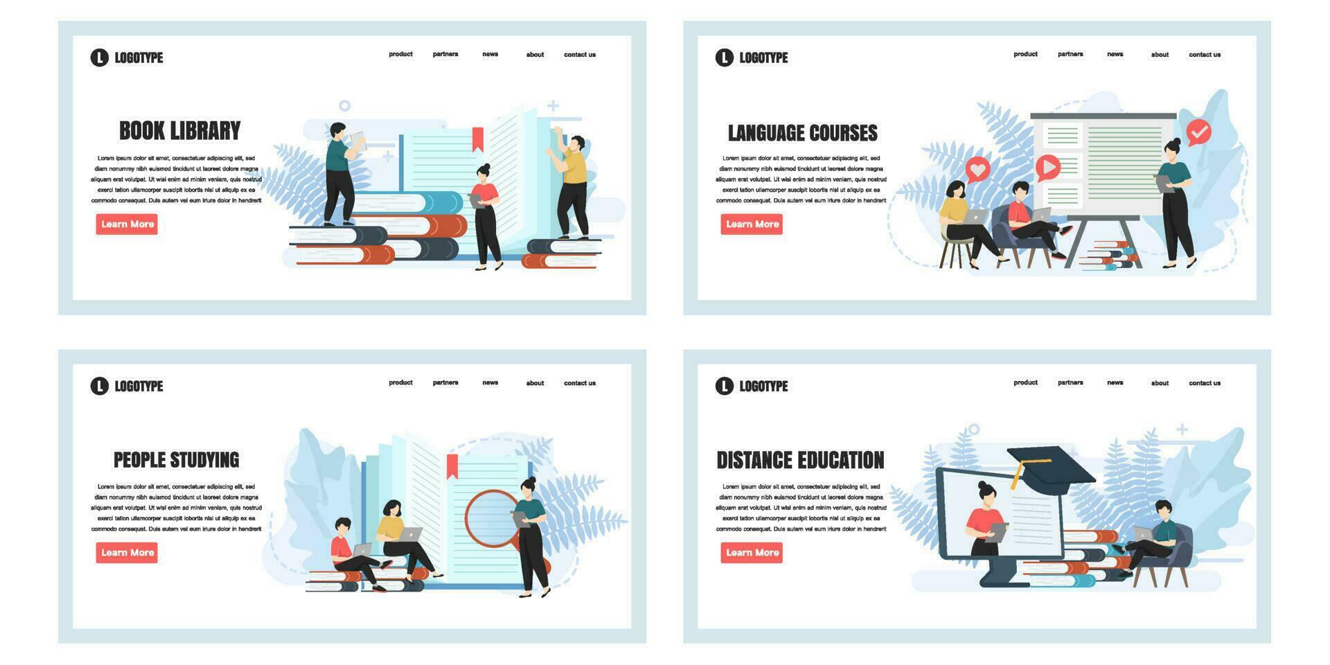 conjunto de web página diseño plantillas para educación web página composición con personas caracteres. moderno vector ilustración conceptos