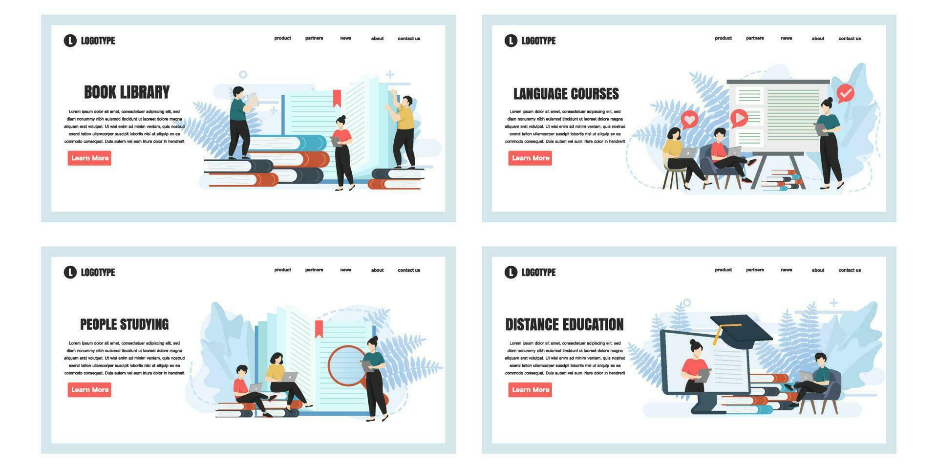 Set of web page design templates for education web page composition with people characters. Modern vector illustration concepts