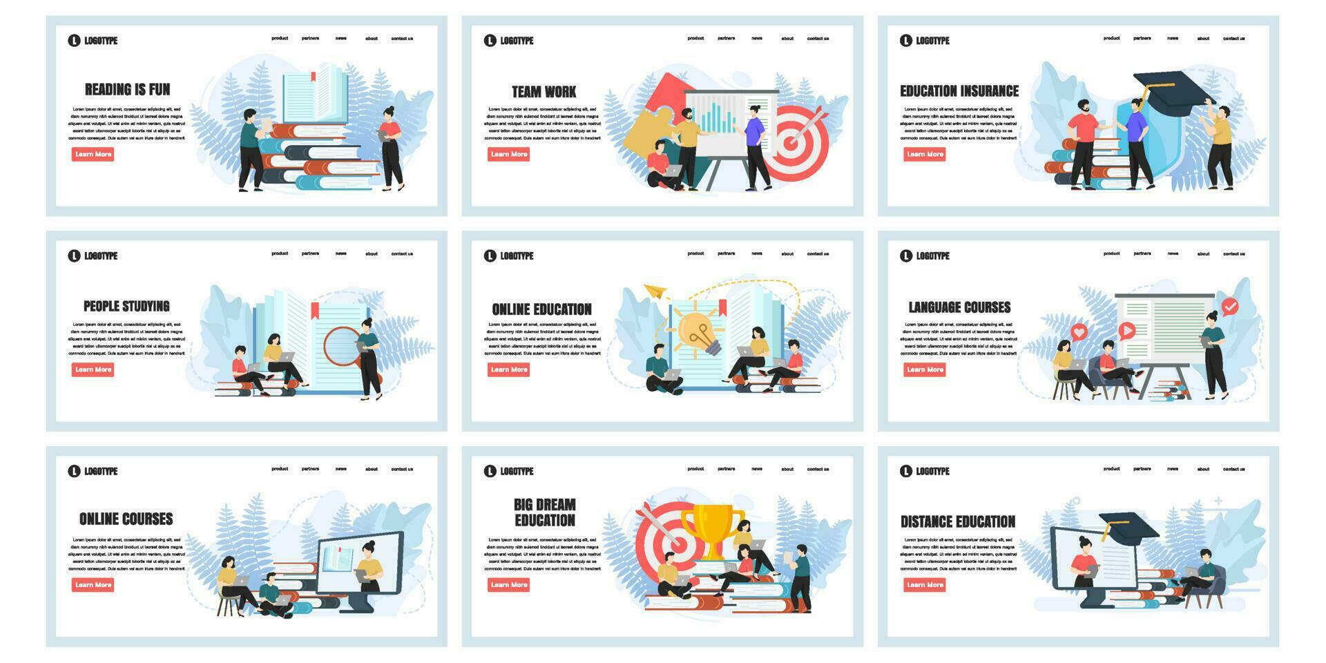 Set of web page design templates for education, Team work, Online education, Online courses web page composition with people characters. Modern vector illustration concepts