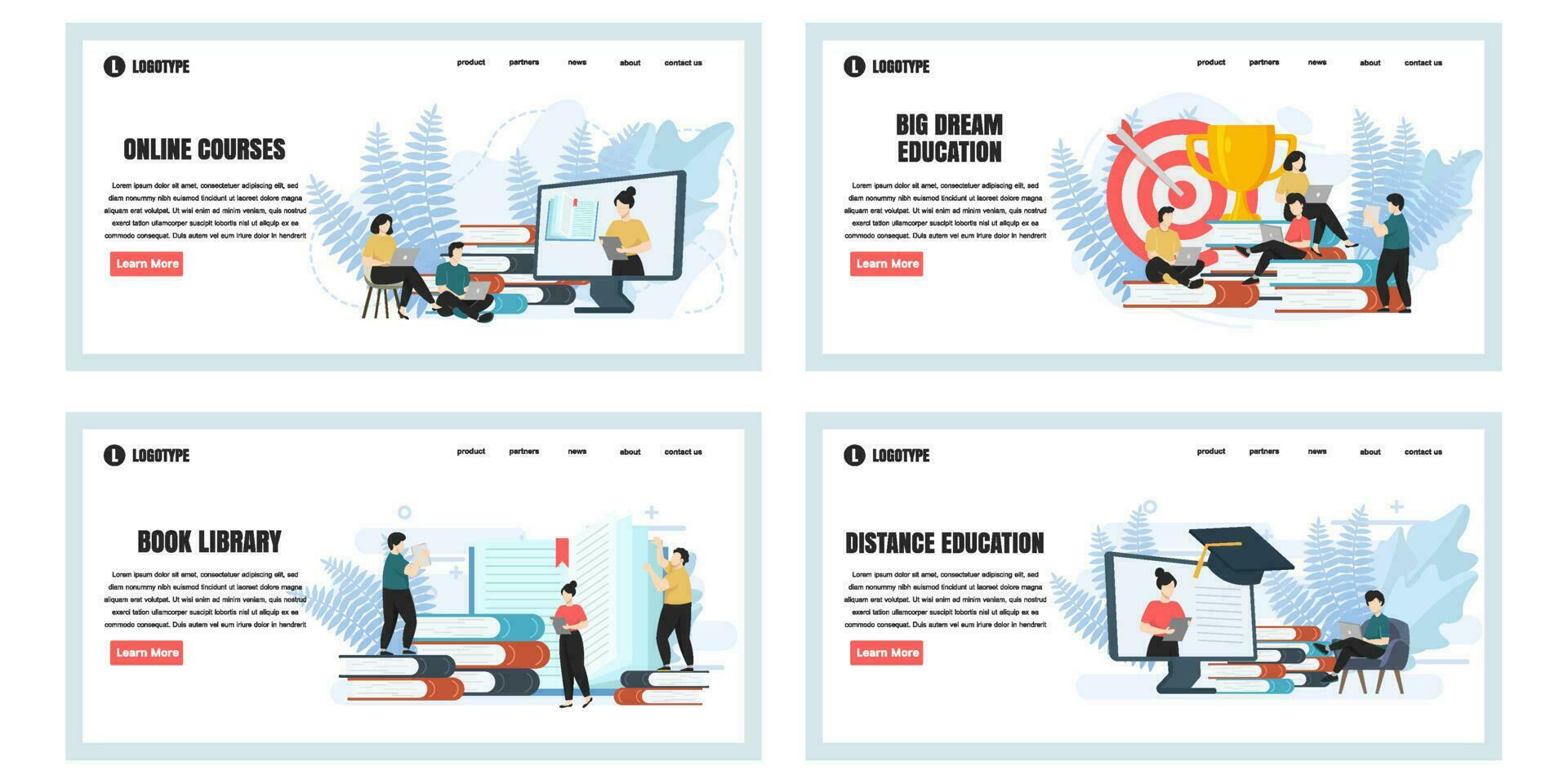 Set of web page design templates for education web page composition with people characters. Modern vector illustration concepts