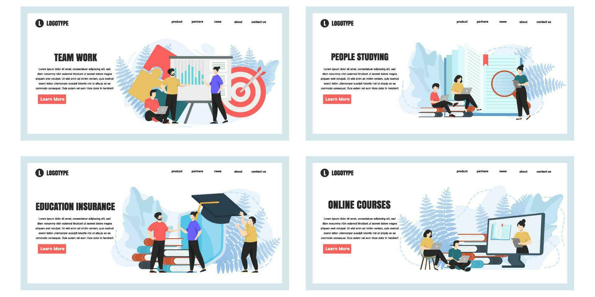 Set of web page design templates for education web page composition with people characters. Modern vector illustration concepts