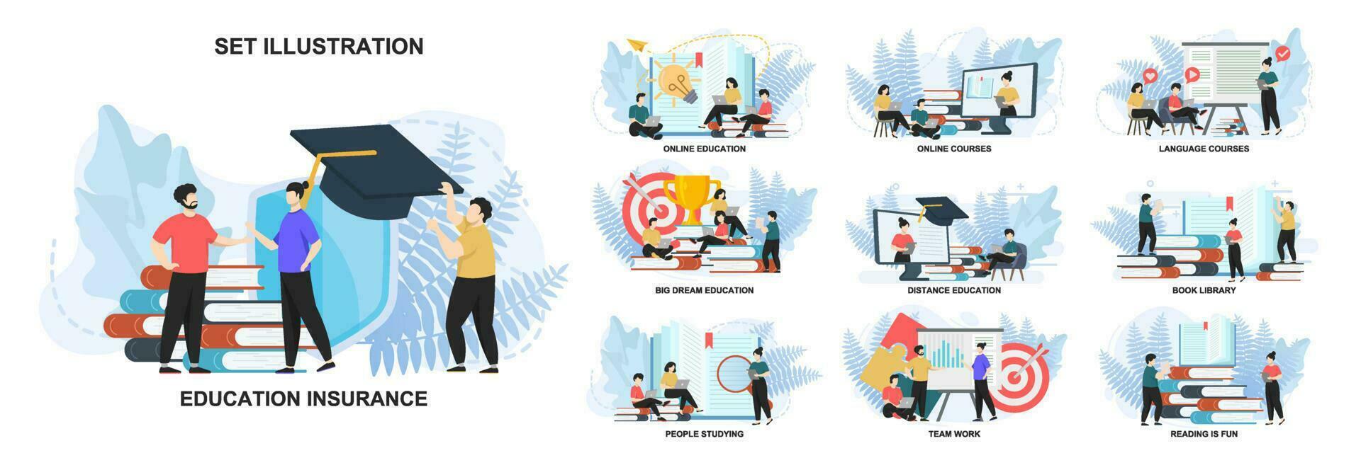 Set of web page design templates for education, Team work, Online education, Online courses web page composition with people characters. Modern vector illustration concepts