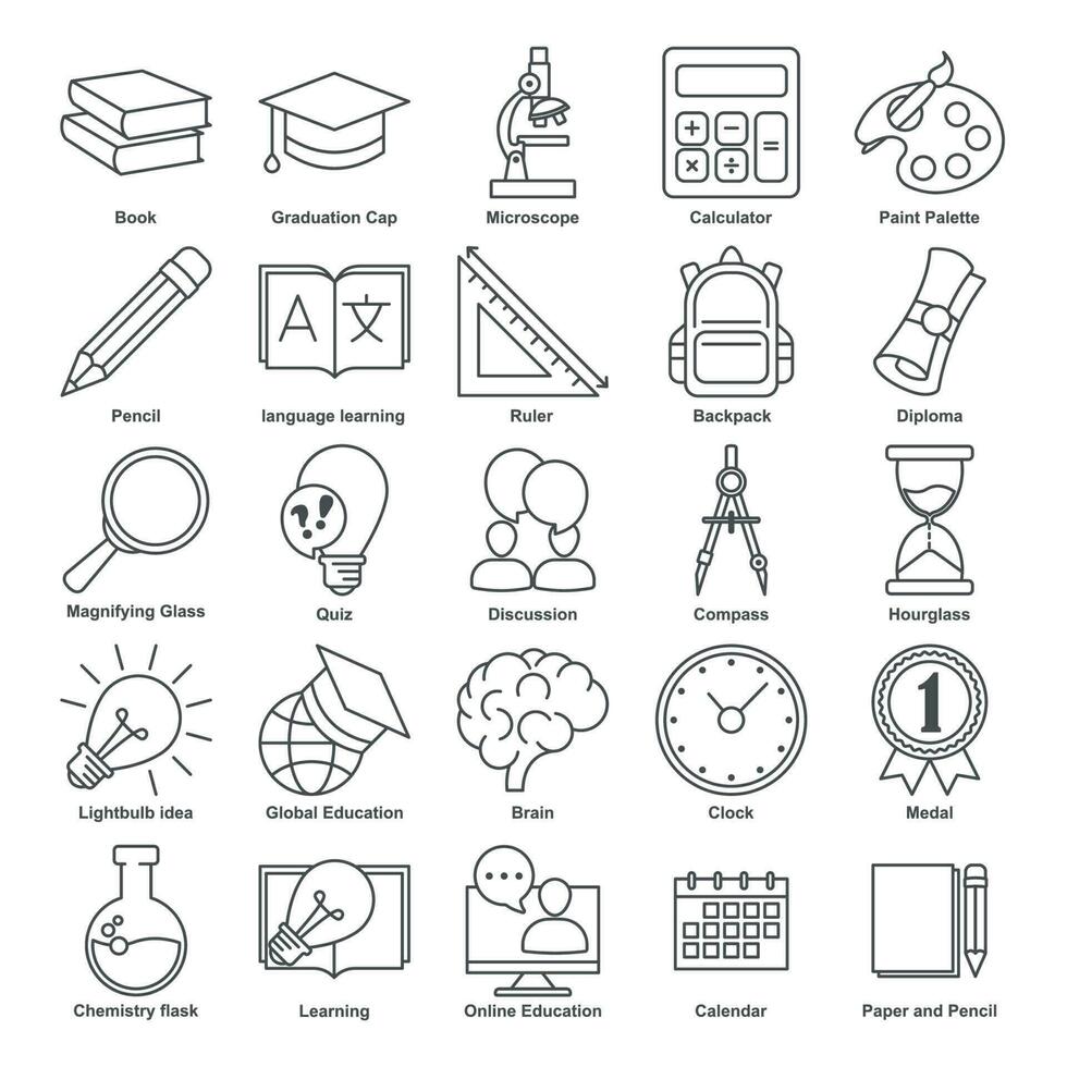 e-learning education elements Flat set icon symbol template for graphic and web design collection. Book, Microscope, certificate, Diploma, Pencil and more logo vector illustration