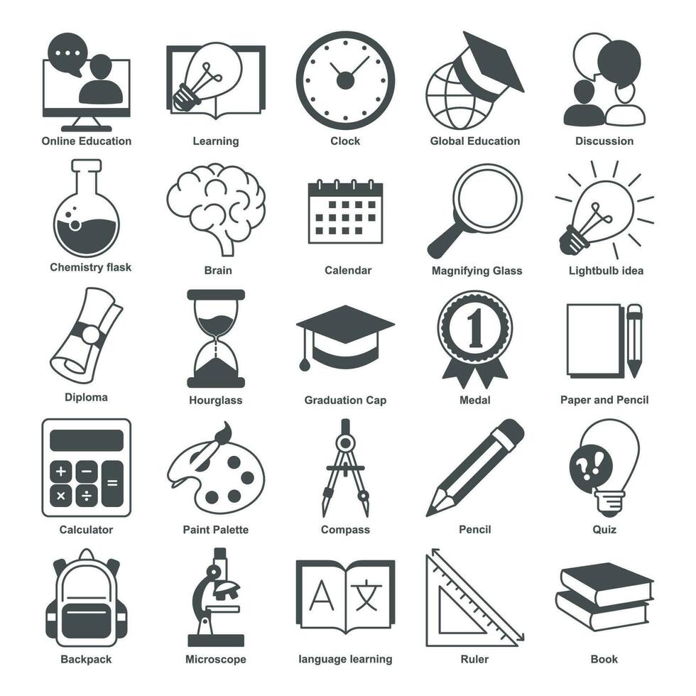 e-learning educación elementos plano conjunto icono símbolo modelo para gráfico y web diseño recopilación. libro, microscopio, certificado, diploma, lápiz y más logo vector ilustración