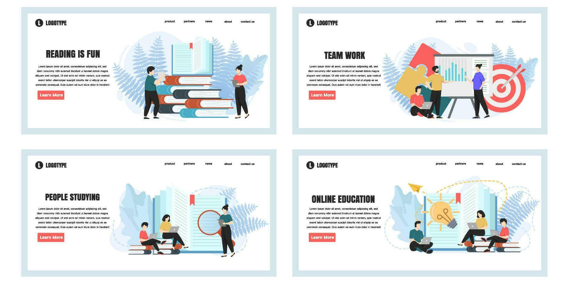 Set of web page design templates for education web page composition with people characters. Modern vector illustration concepts