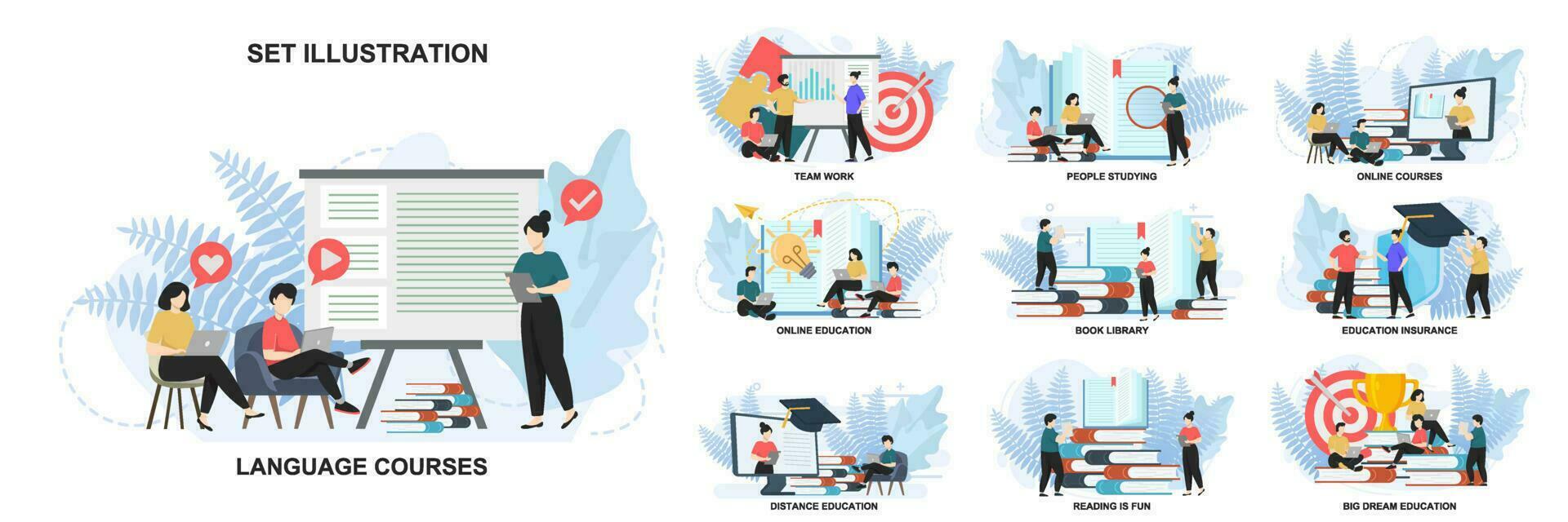 Set of web page design templates for education, Team work, Online education, Online courses web page composition with people characters. Modern vector illustration concepts