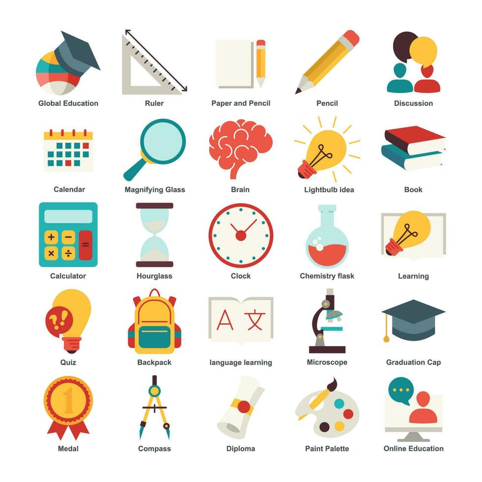 e-learning educación elementos plano conjunto icono símbolo modelo para gráfico y web diseño recopilación. libro, microscopio, certificado, diploma, lápiz y más logo vector ilustración