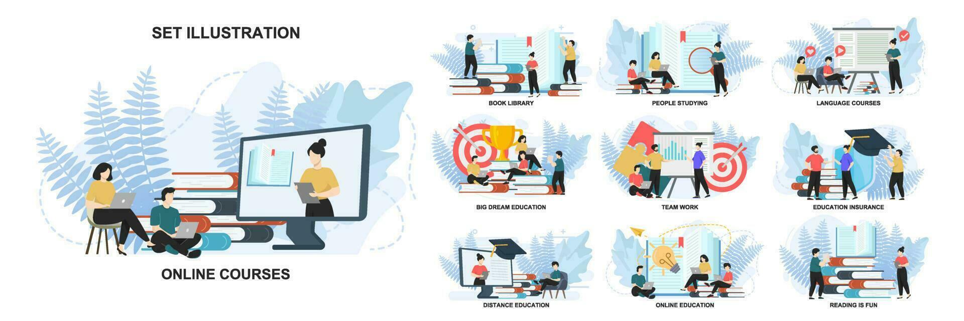 Set of web page design templates for education, Team work, Online education, Online courses web page composition with people characters. Modern vector illustration concepts