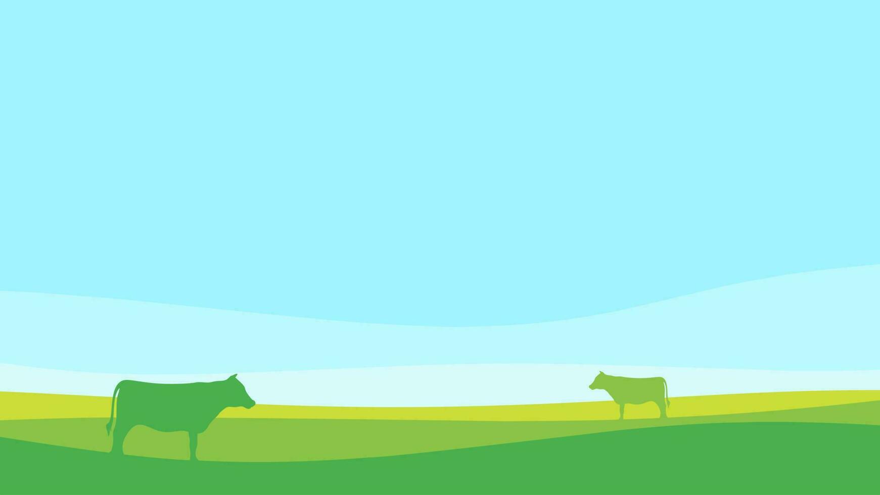 landscape illustration of a couple of cow on meadow with bright blue sky vector