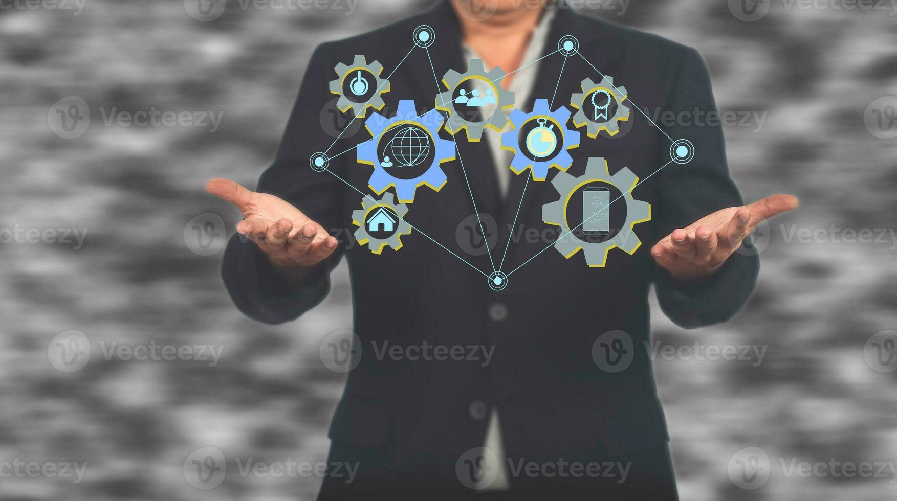 Man holding gear of global network connection and worldwide data, business network concept. photo