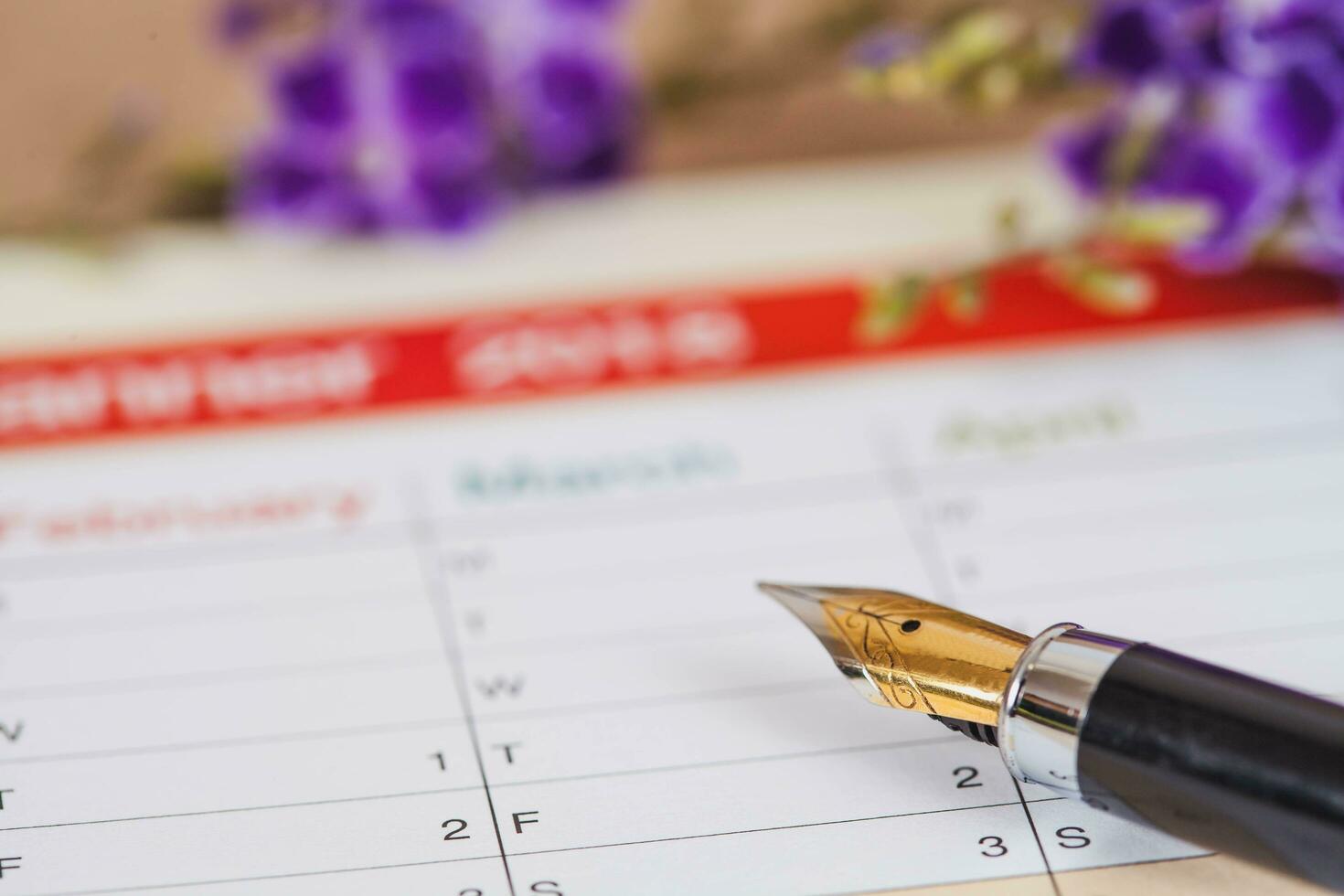 personal organizer or planner with fountain pen on wood table. photo