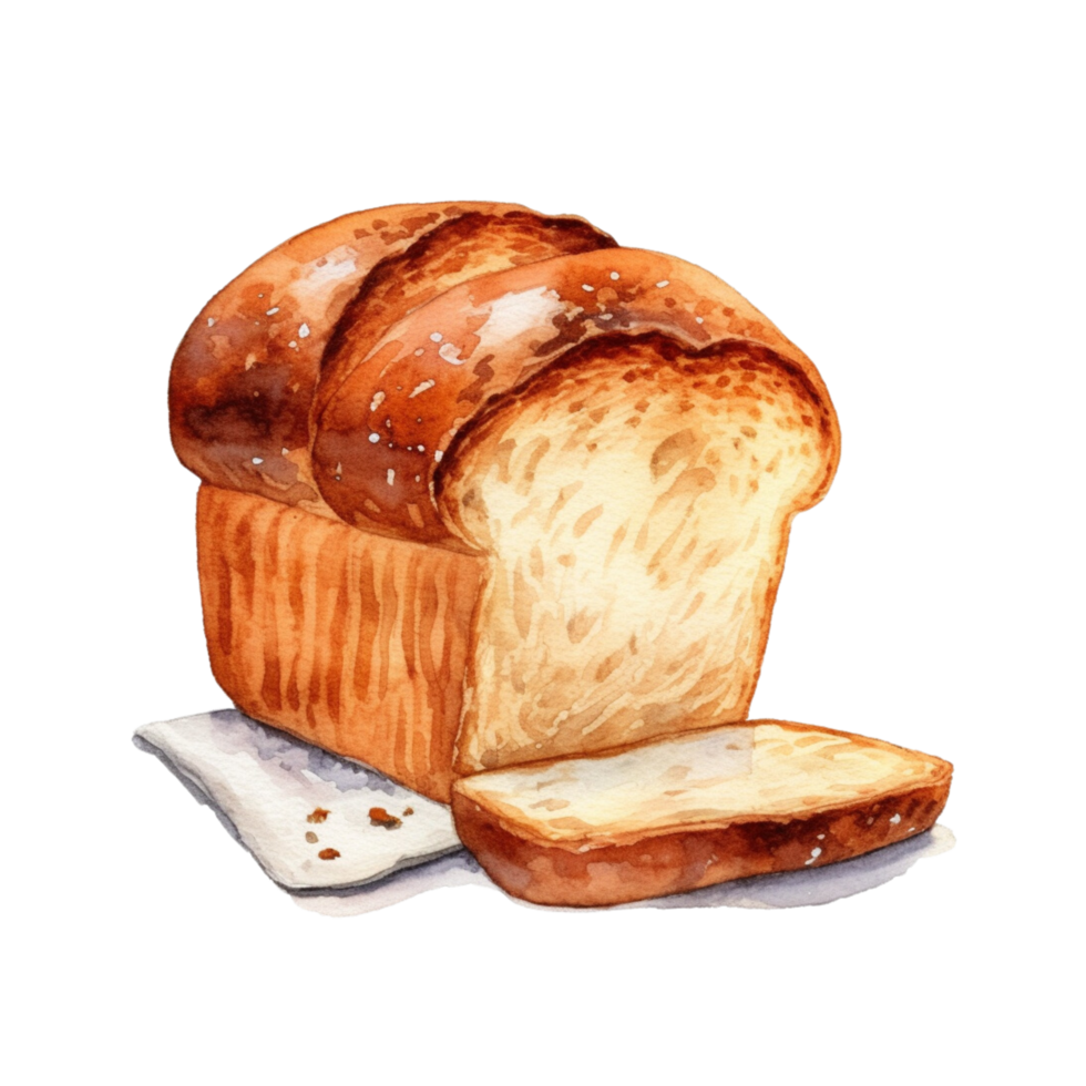 a Watercolor hand-drawn sketch illustration of bread with slices isolated png