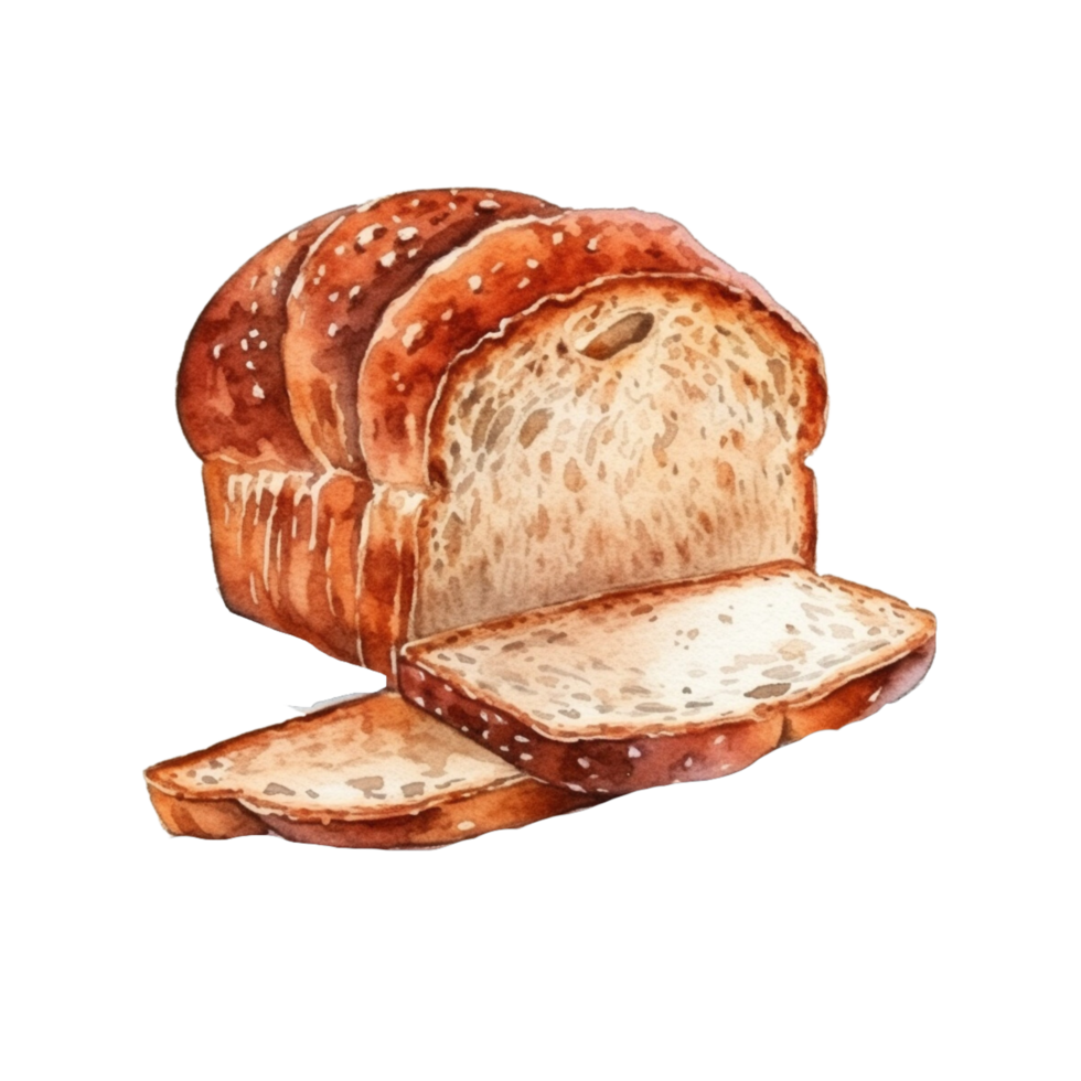 a Watercolor hand-drawn sketch illustration of bread with slices isolated png