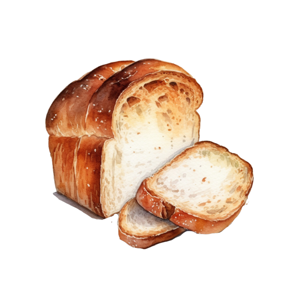a Watercolor hand-drawn sketch illustration of bread with slices isolated png