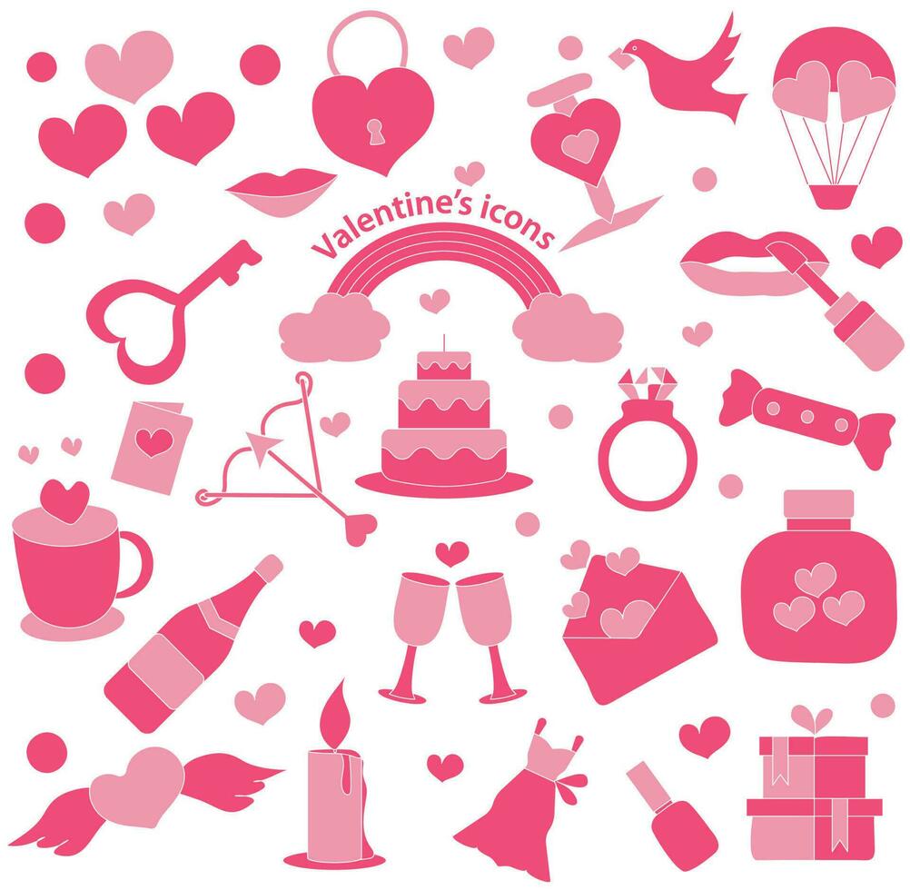 Set of Valentine's Icon In Pink Color. vector