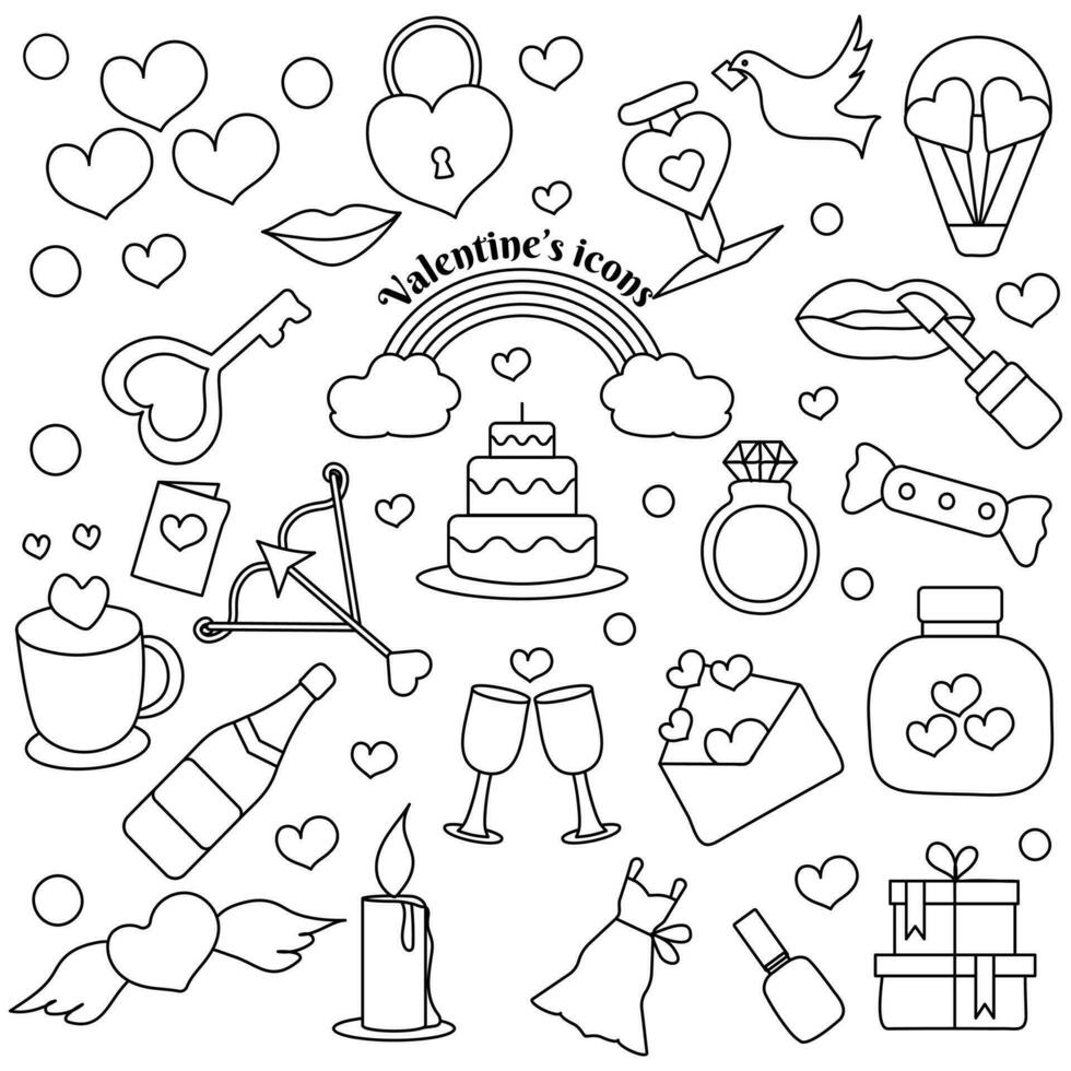 Set Of Valentine's Icon In Black Line Art. vector