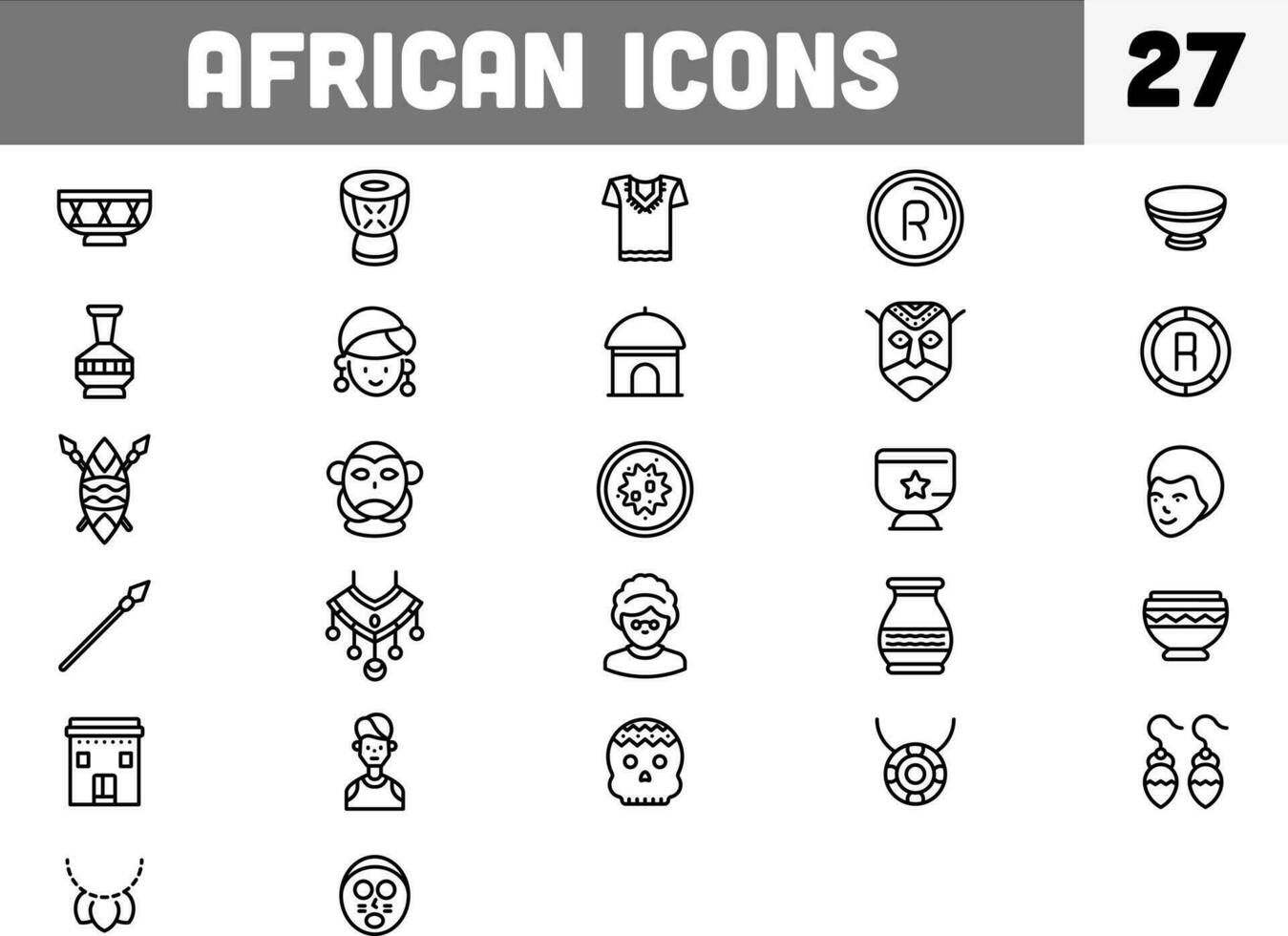 Set of African Icon in Black Outline. vector