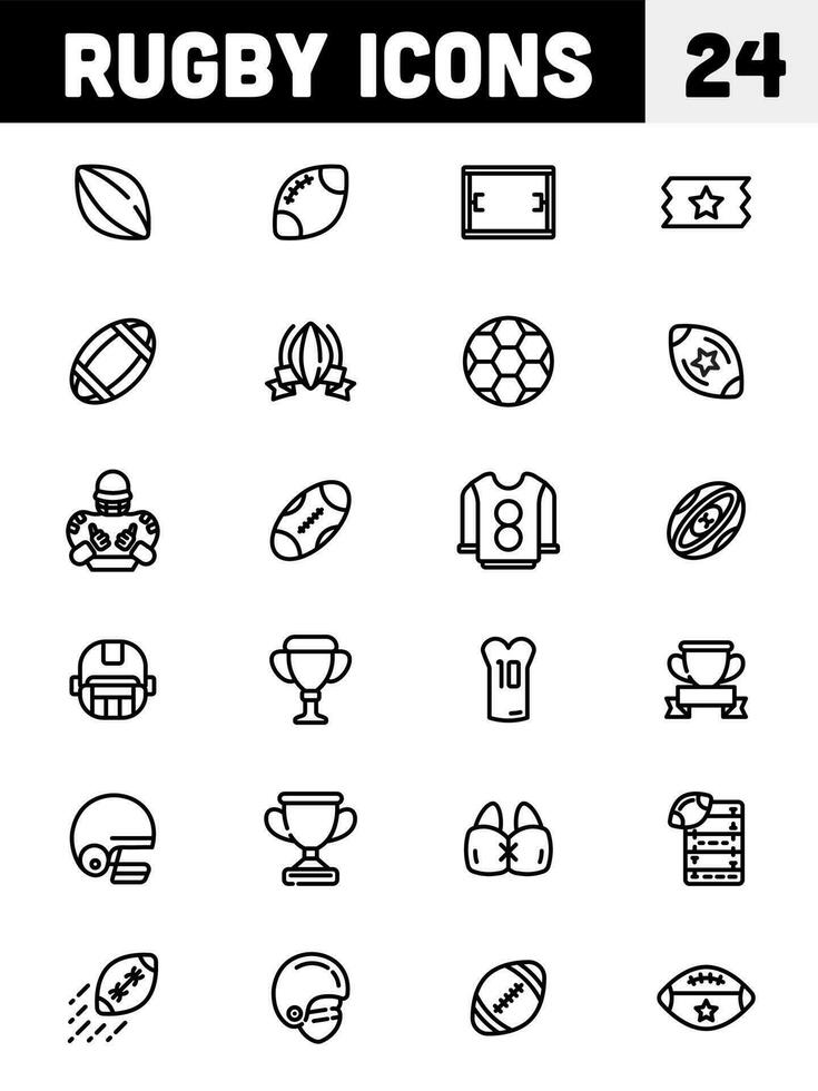 Rugby or American Football 24 Icon Set Icon in Black Outline. vector