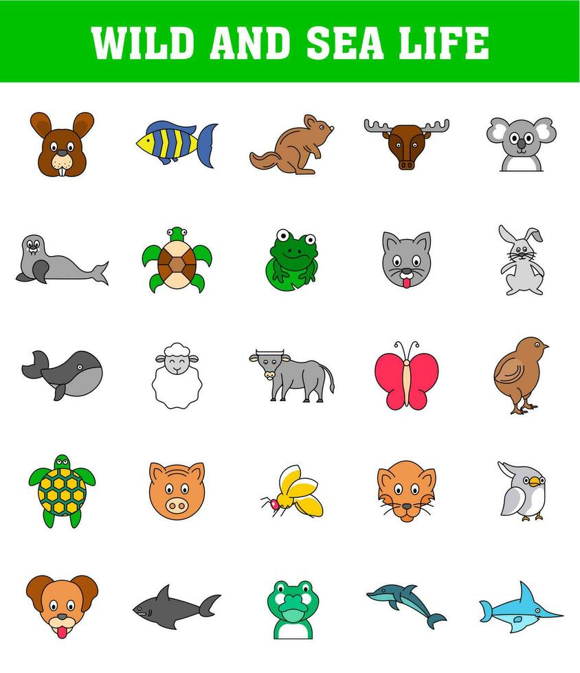 Wild And Sea Life Animal Set on White Background. vector