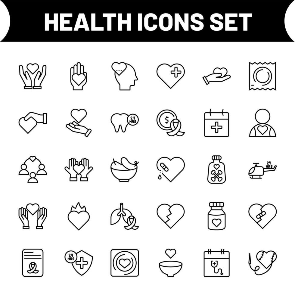 Black line art illustration of Health icon set. vector