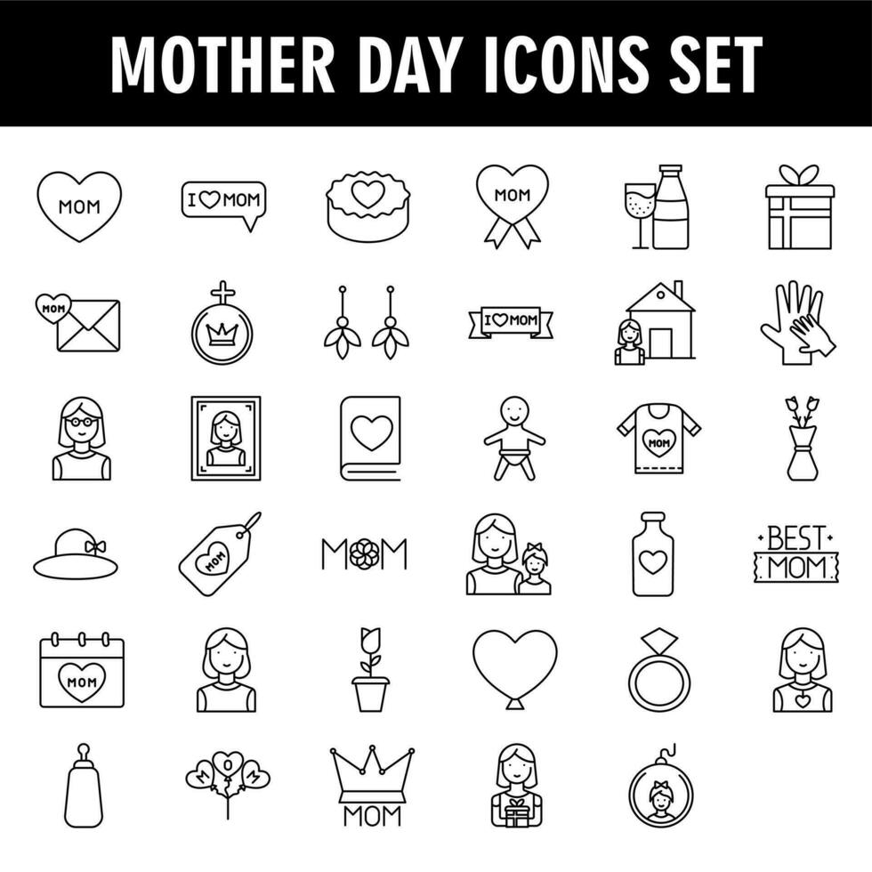 Black line art illustration of Mother Day icon set. vector