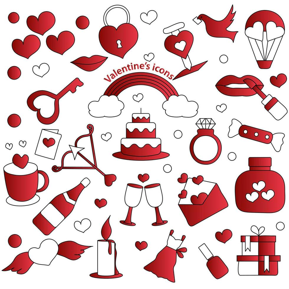 conjunto de San Valentín icono en rojo y blanco color. vector