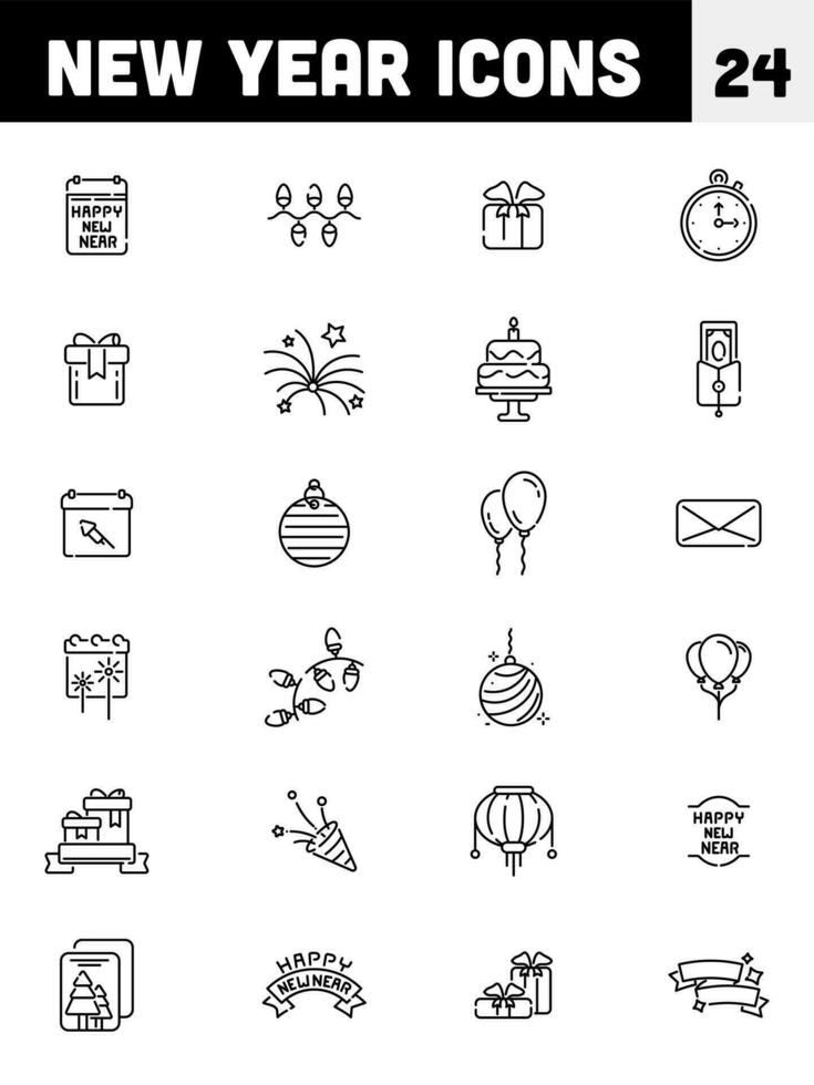 Black line art of New Year icon set. vector