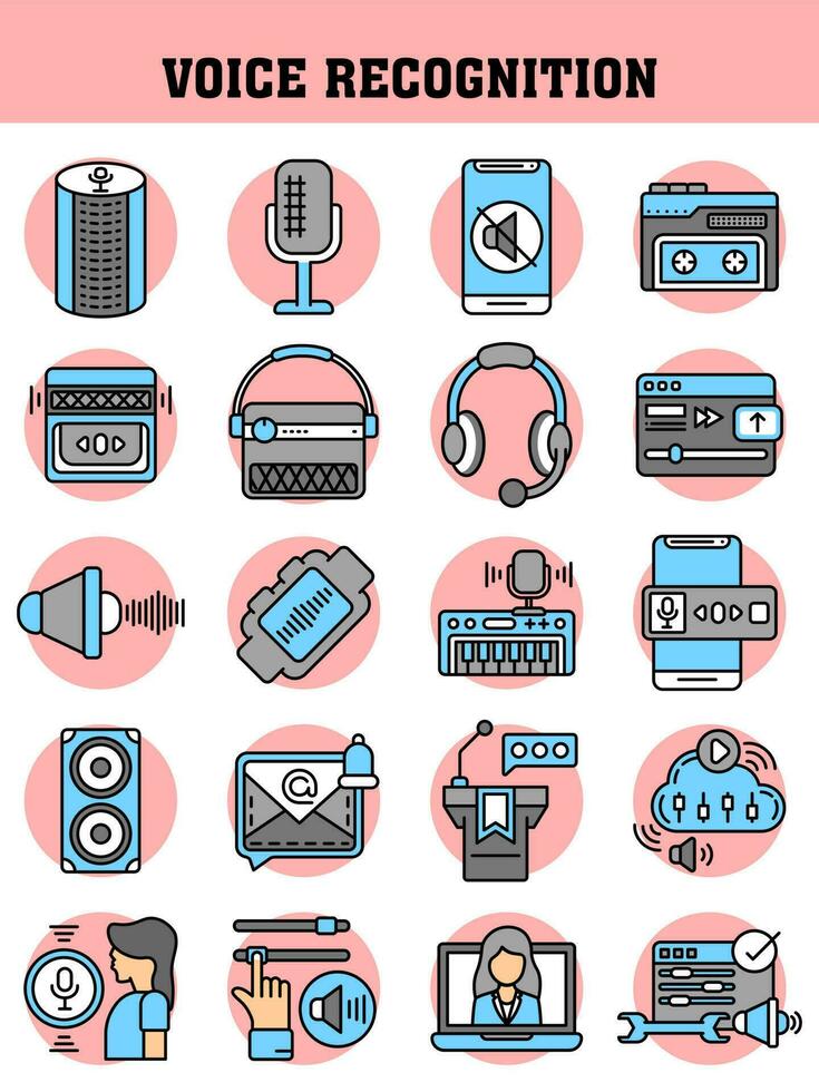 Different voice recognition device icon set in blue and gray color. vector