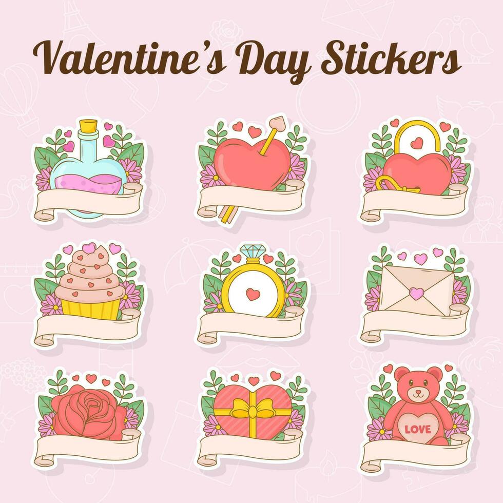 Collection of Sticker Style Valentine's Day Elements On Flowers With Leaves On Pink Background. vector