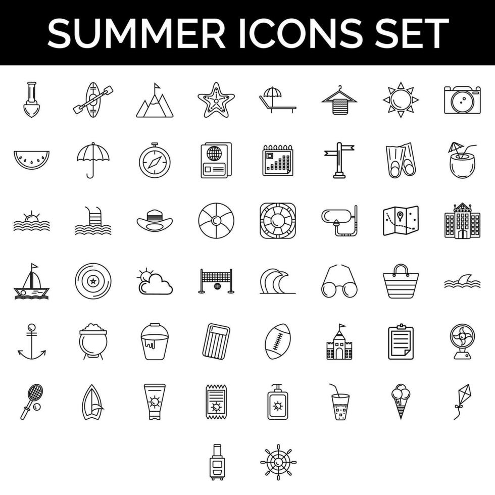 Summer travel icon set in thin line art. vector