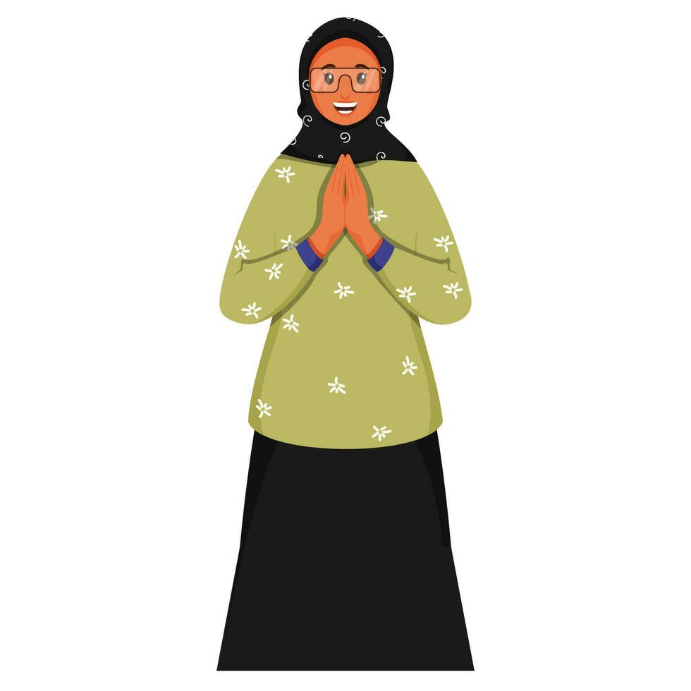 Cheerful Islamic Woman Doing Namaste Welcome In Standing Pose. vector